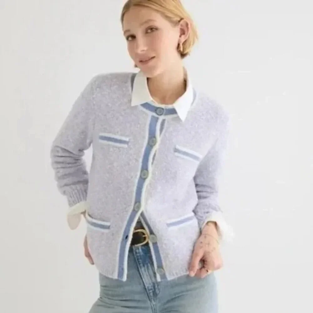 J. Crew Women's Marled Merino knit crop Sweater Lady Jacket Blue preppy M - Picture 1 of 9